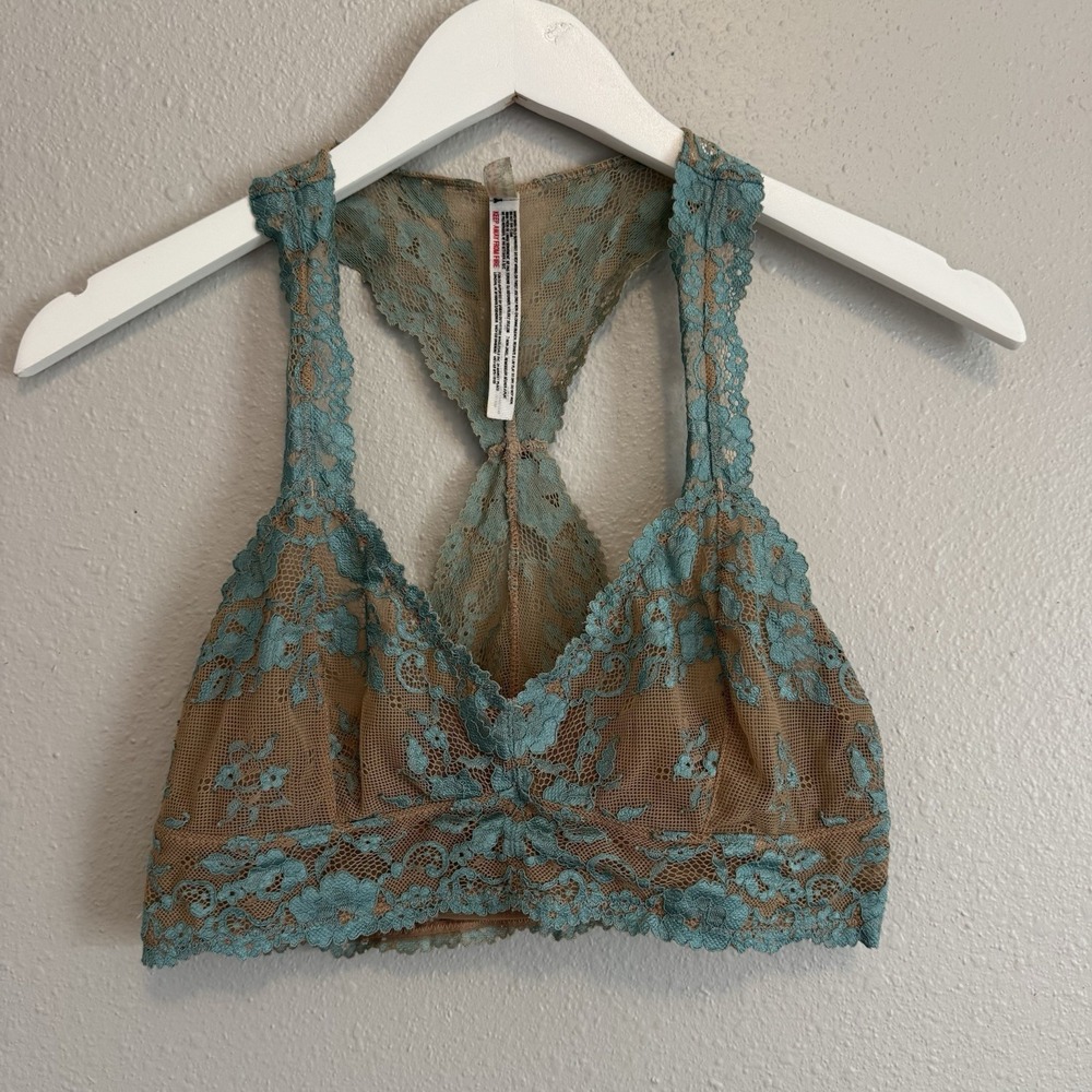 Free People Teal Tan Galloon Lace Bralette M Intimately Mesh Racerback Boho Top